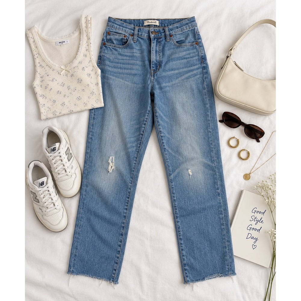 Madewell The High-Rise Slim Crop Boyjean Medium Wash Distressed Denim Size 27